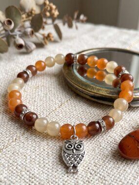 3/$20 New Handmade Glass Beaded Stretch Bracelet with Silver Owl Charm